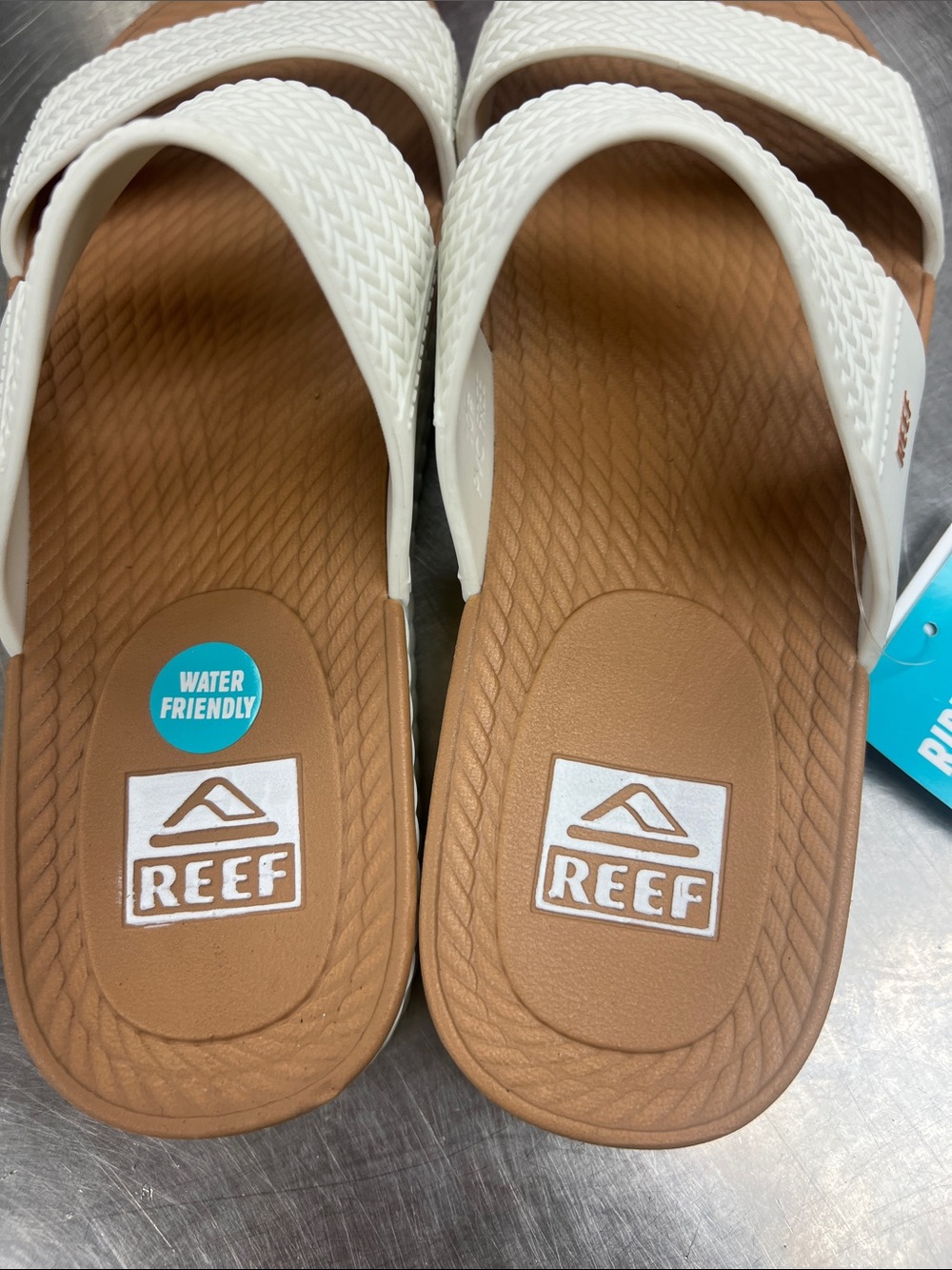 Reef White Double-Strap Sandals with Tan Footbed Water Vista Slide Sz 10 - Picture 5 of 7